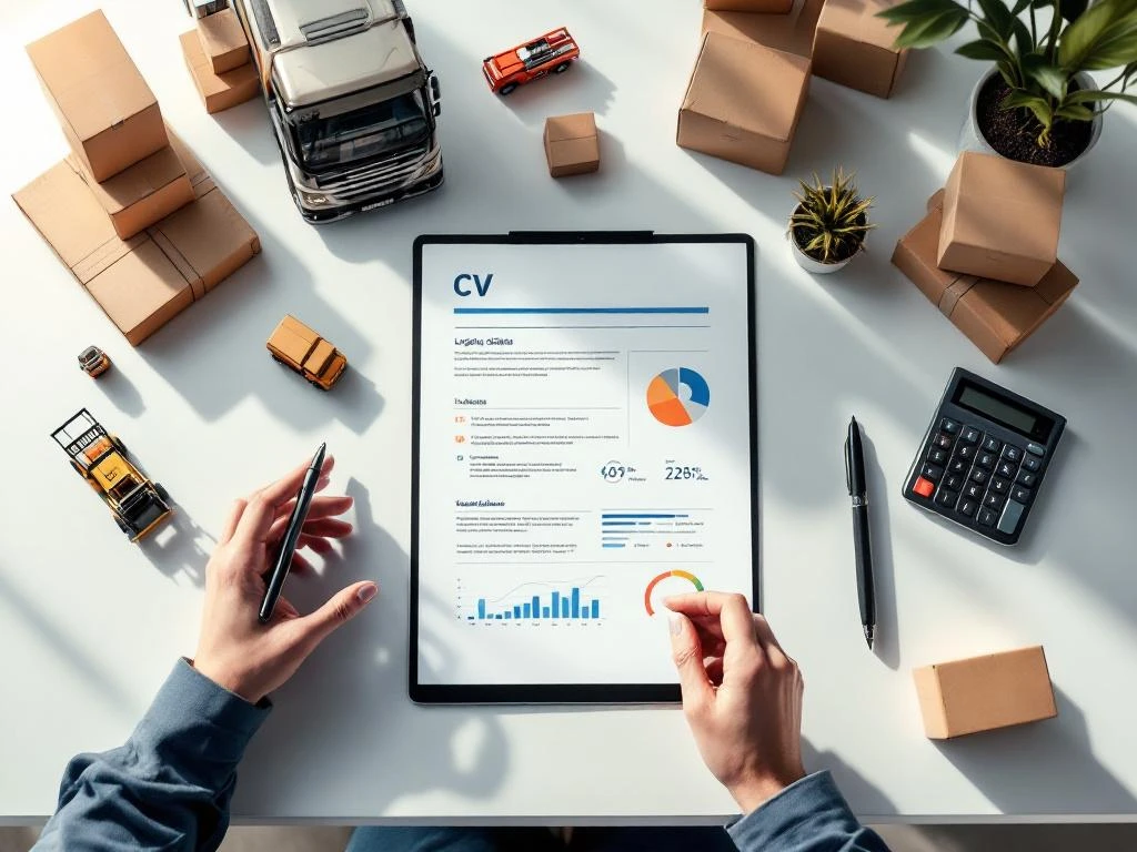CV-document op wit bureau omringd door logistieke elementen: tablet, rekenmachine, speelgoedvrachtwagen en vorkheftruck