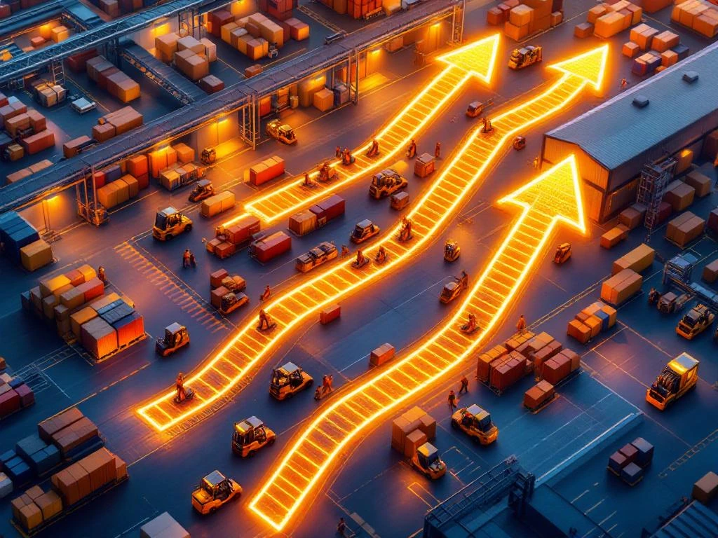 Luchtfoto van moderne logistieke magazijncomplexen met gouden pijlen die carrièremogelijkheden naar hogere niveaus tonen