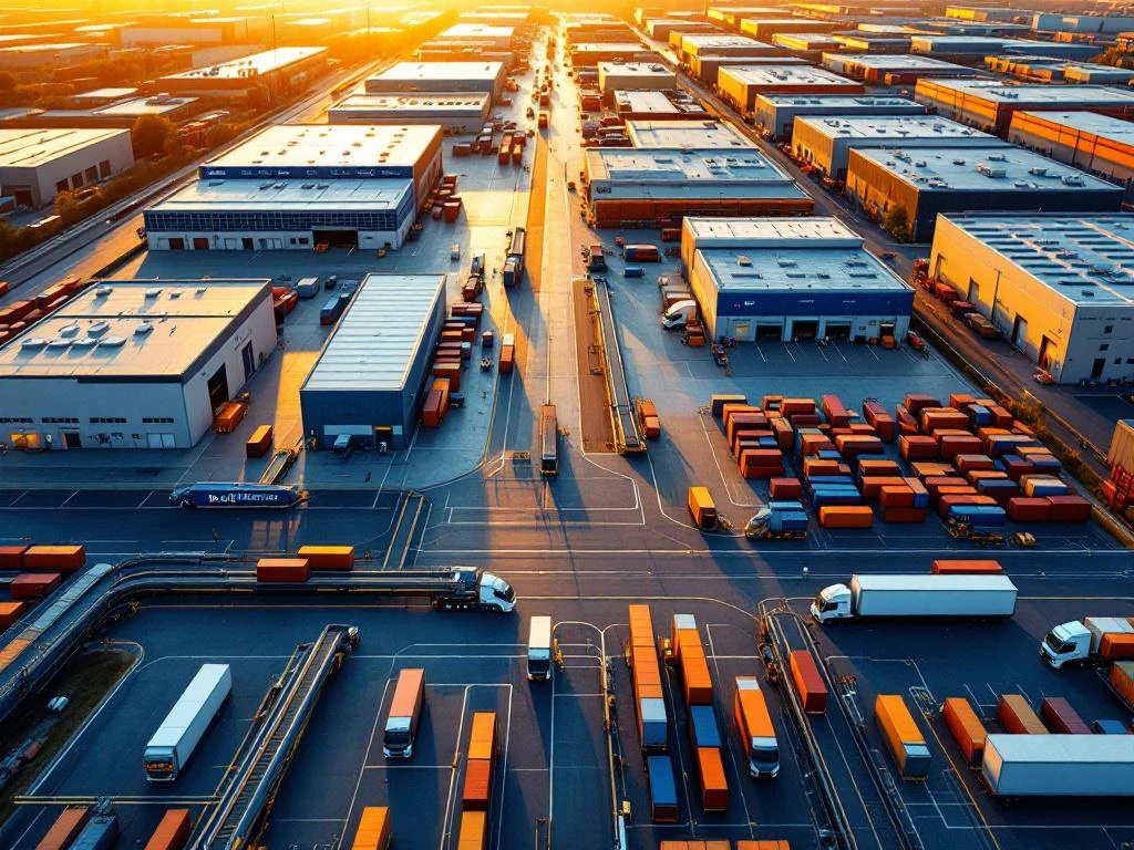 Luchtfoto van grote logistieke hub met magazijnen, laaddokken en vrachtwagens tijdens gouden uur