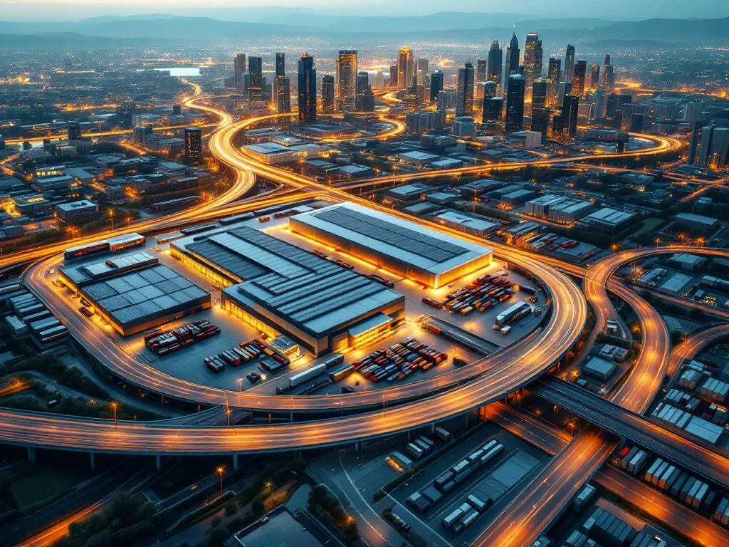 Luchtfoto van moderne logistieke hub met verlichte transportnetwerken die steden verbindt tijdens gouden uur