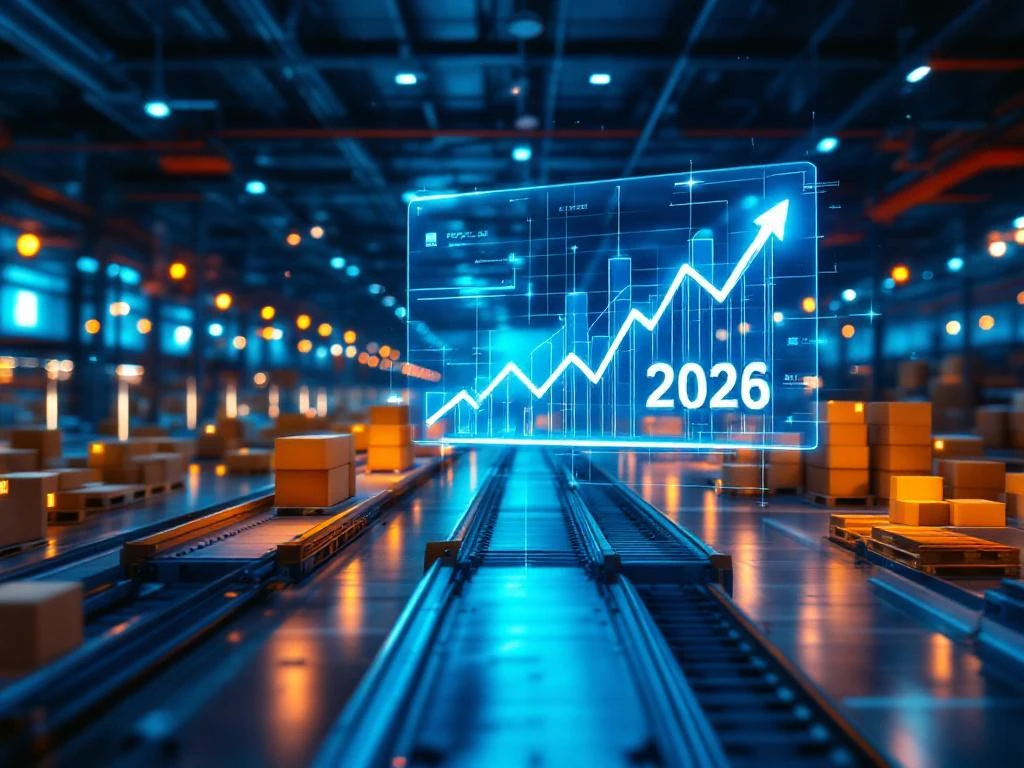 Moderne logistieke magazijn met autonome robots en transportbanden, holografische display toont groeigrafieken voor 2026
