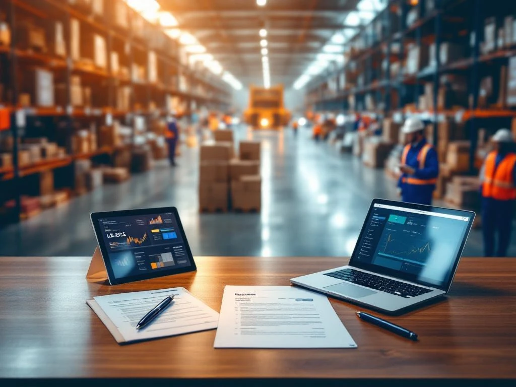 Logistiek magazijn met georganiseerde stellingen en bureau met cv, laptop en documenten voor carrièremogelijkheden