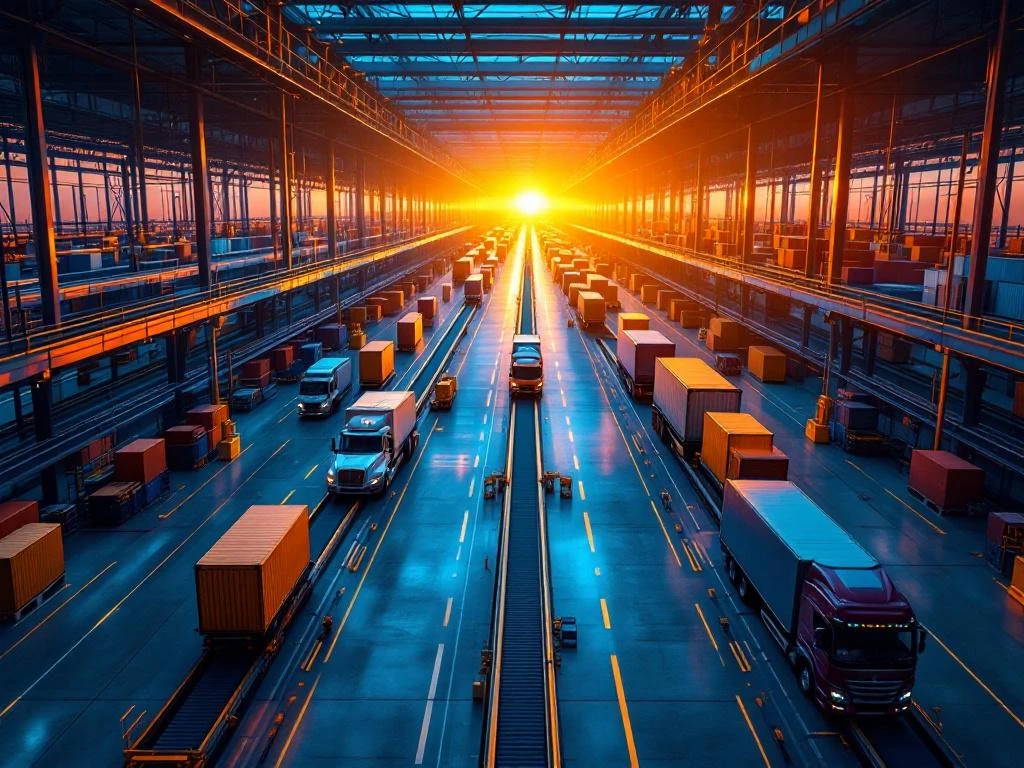 Luchtfoto van moderne logistiek magazijn met vrachtwagens en transportbanden tijdens gouden uur, symboliseert carrièremogelijkheden