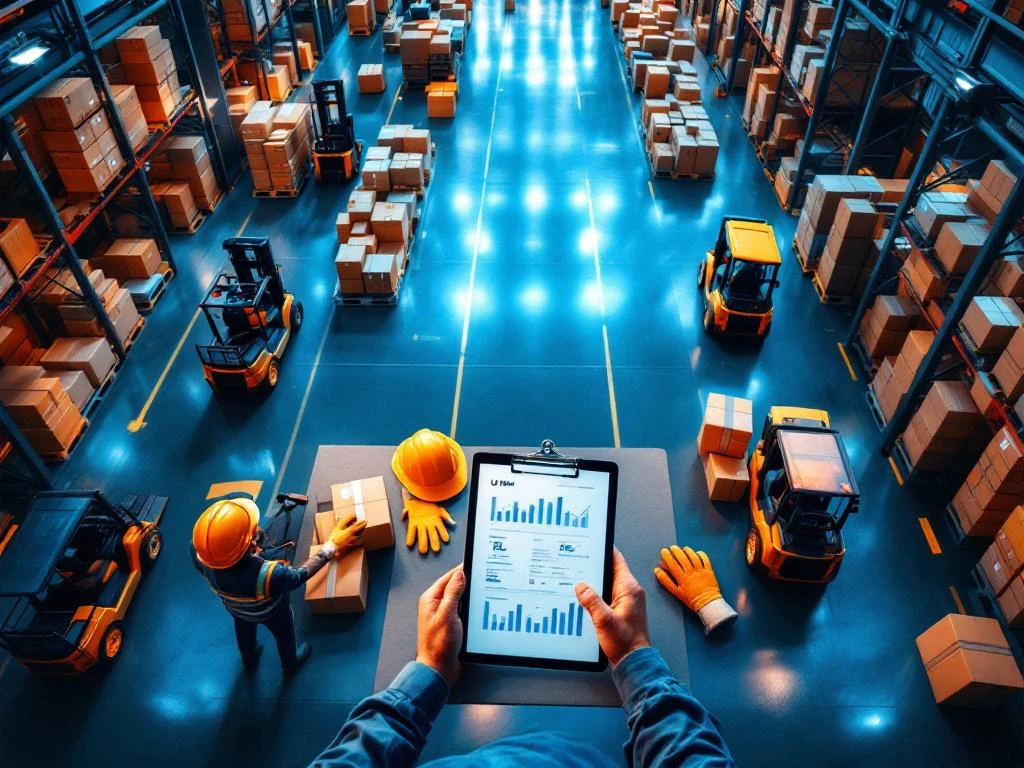 Moderne logistieke magazijn van bovenaf met georganiseerde stellingen, transportbanden, vorkheftrucks en tablet met data