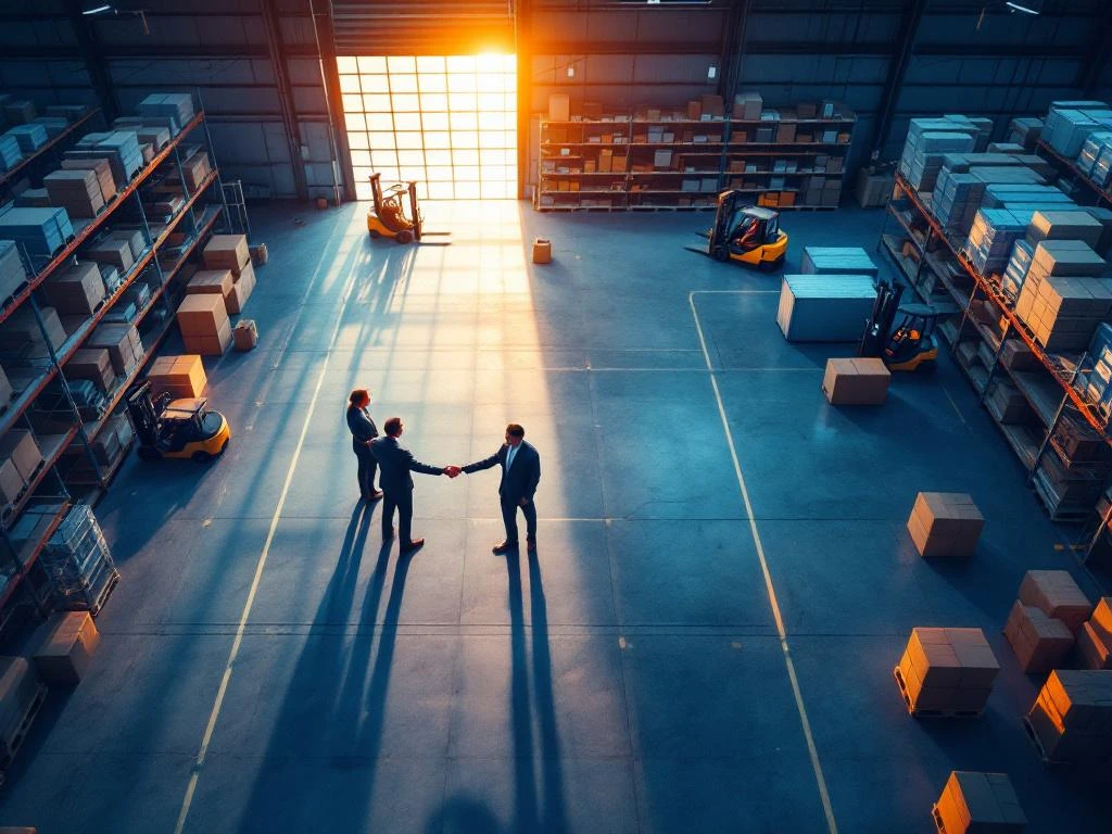 Zakelijke handdruk in moderne logistieke magazijn met stellingen, vorkheftrucks en warme verlichting tijdens gouden uur