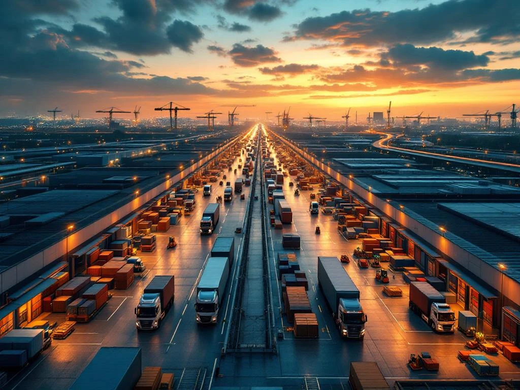 Luchtfoto van moderne logistiek magazijncomplexen met vrachtwagens bij laaddocks en verlichte snelwegen tijdens gouden uur