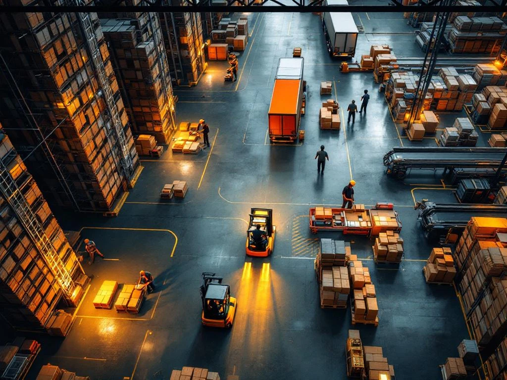 Moderne logistieke magazijnvloer met vorkheftruck, transportbanden, sorteermedewerkers en laaddokken in vogelvluchtperspectief