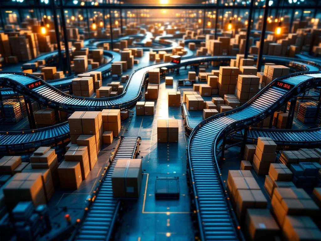 Moderne logistiek magazijn met transportbanden en pakketten, digitale klok toont urgentie, georganiseerde voorraad