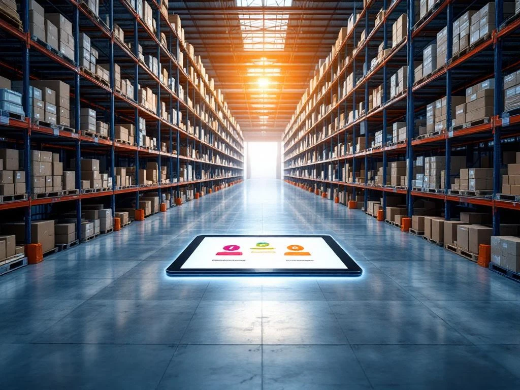 Tablet met vaardigheidsiconen zweeft boven moderne logistieke magazijnvloer met georganiseerde stellingsystemen