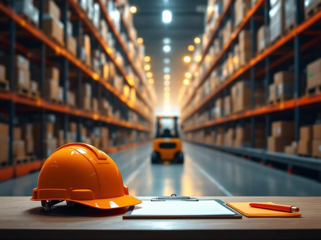 Oranje veiligheidshelm en reflecterend vest op bureau in modern logistiek magazijn met stellingen en vorkheftruck