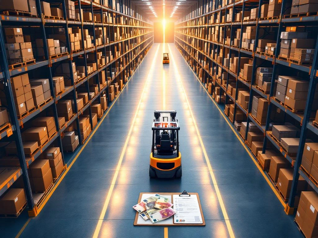 Moderne logistiek magazijn met georganiseerde stellingen, heftruck en euro bankbiljetten op klembord in voorgrond