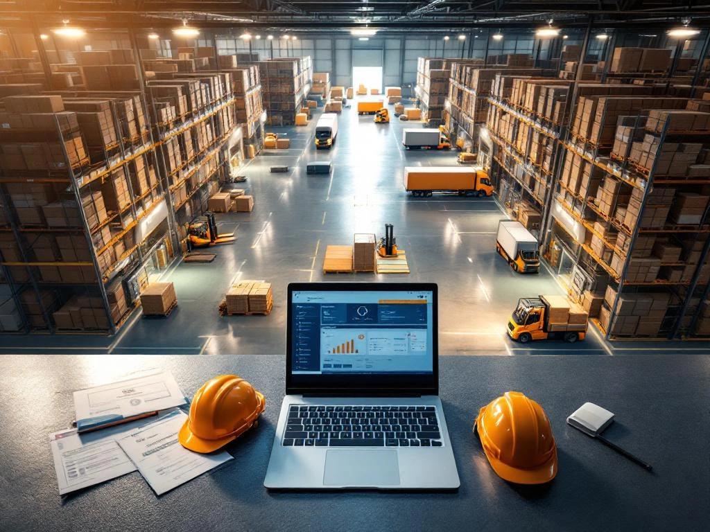 Luchtfoto van moderne logistieke magazijn met vorkheftrucks, vrachtwagens en laptop met logistieke software op voorgrond