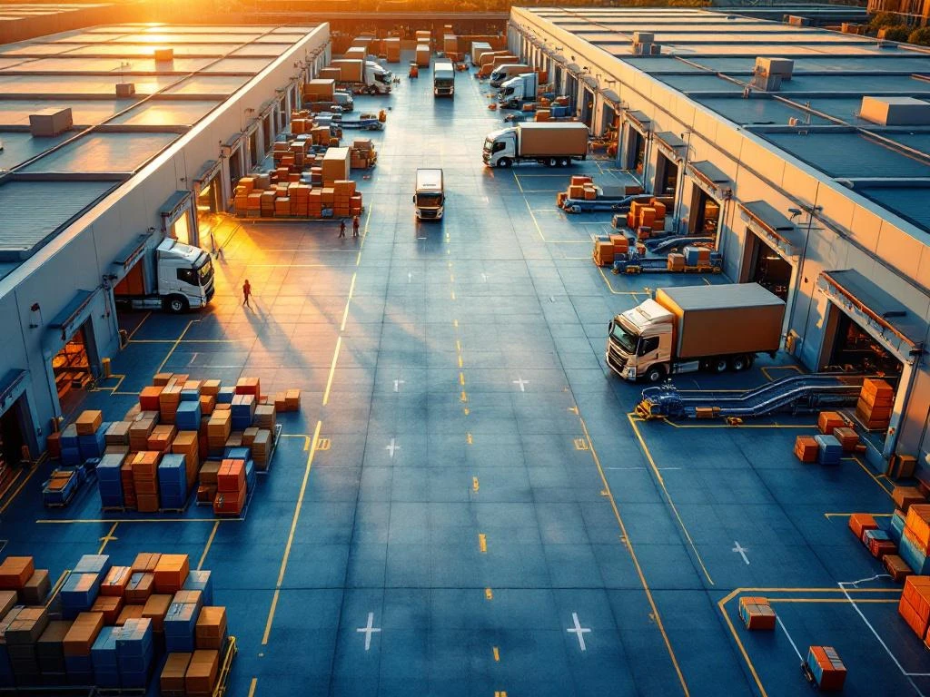 Luchtfoto van modern logistiek magazijn met vrachtwagens bij laadperrons, transportbanden en georganiseerde pakketten