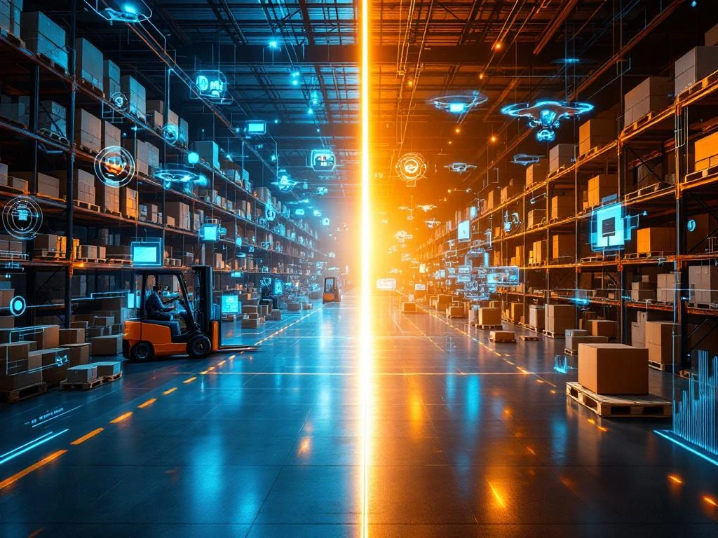 Gesplitste weergave van traditionele logistiek met vorkheftrucks en dozen die overgaat in futuristische logistiek met drones en robots