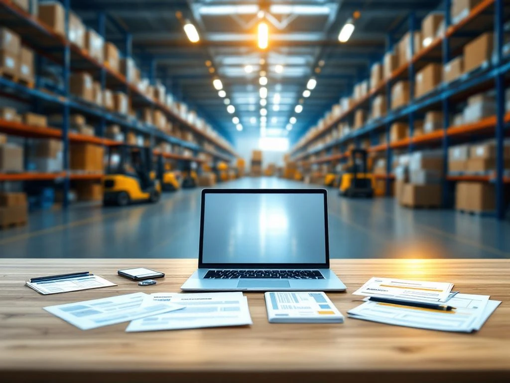 Houten bureau met laptop, zorgverzekering, maaltijdvouchers en bonuscheck in moderne logistieke distributiecentrum