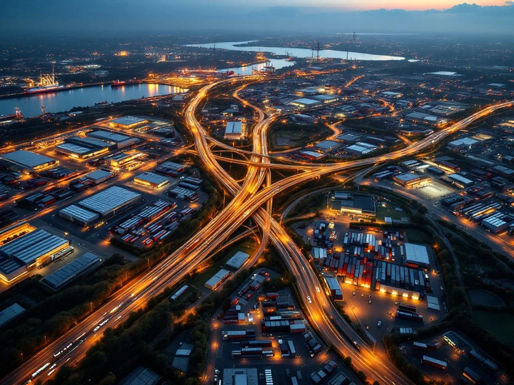 Luchtfoto van Nederlandse logistieke netwerken met snelwegen, vrachtwagens, distributiecentra en haven van Rotterdam