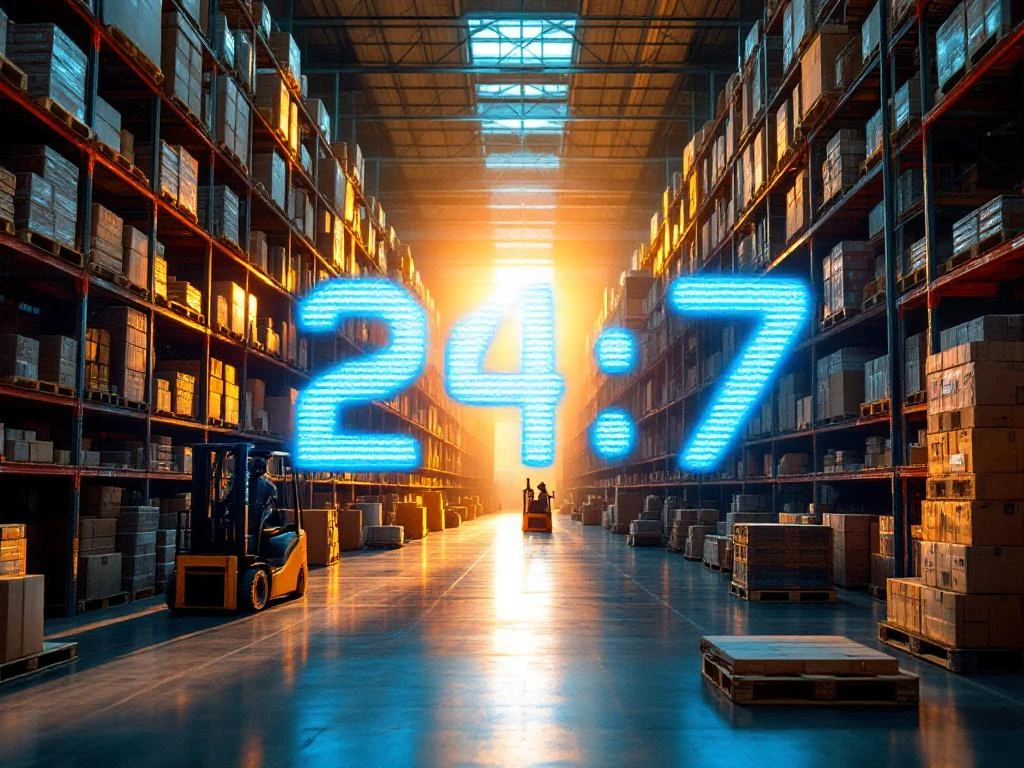 Magazijn met 24/7 digitale klok display, hoge stellingen, vorkheftrucks en industriële verlichting