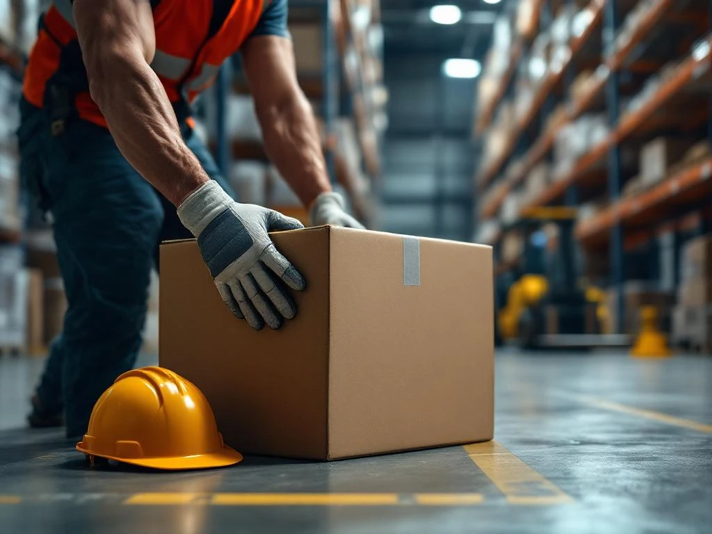 Magazijnmedewerker tilt zware dozen in industrieel warehouse met veiligheidsuitrusting en heftruck op achtergrond