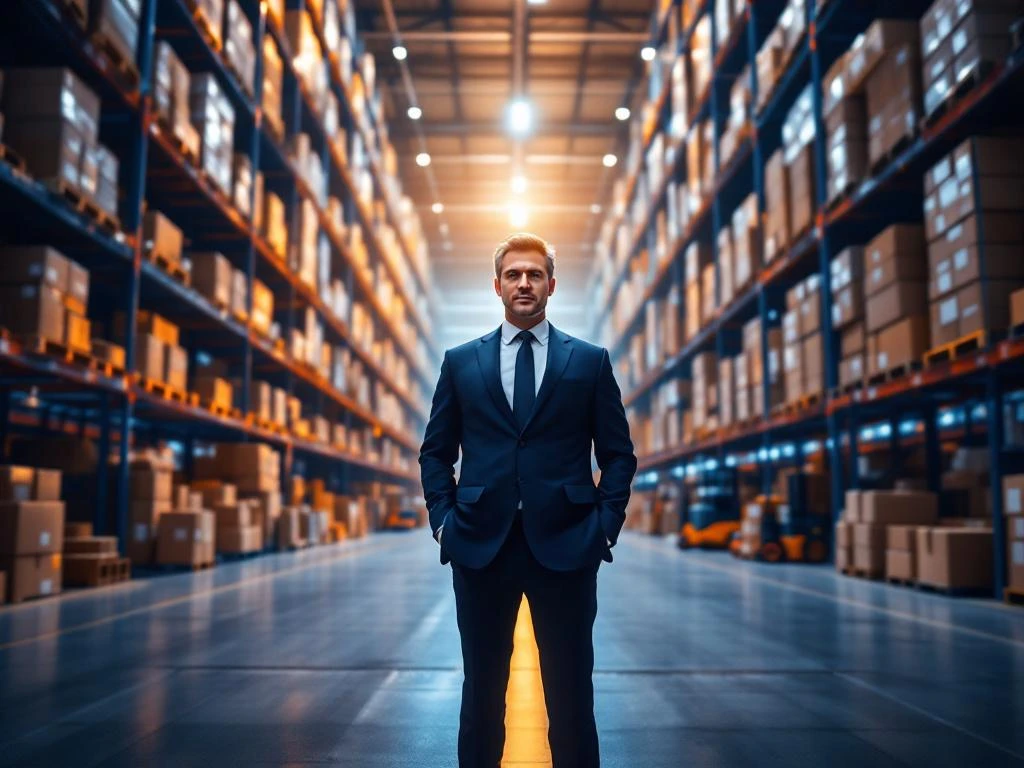 Professionele figuur in pak staat op kruispunt tussen magazijnrekken vol pakketten en logistieke apparatuur