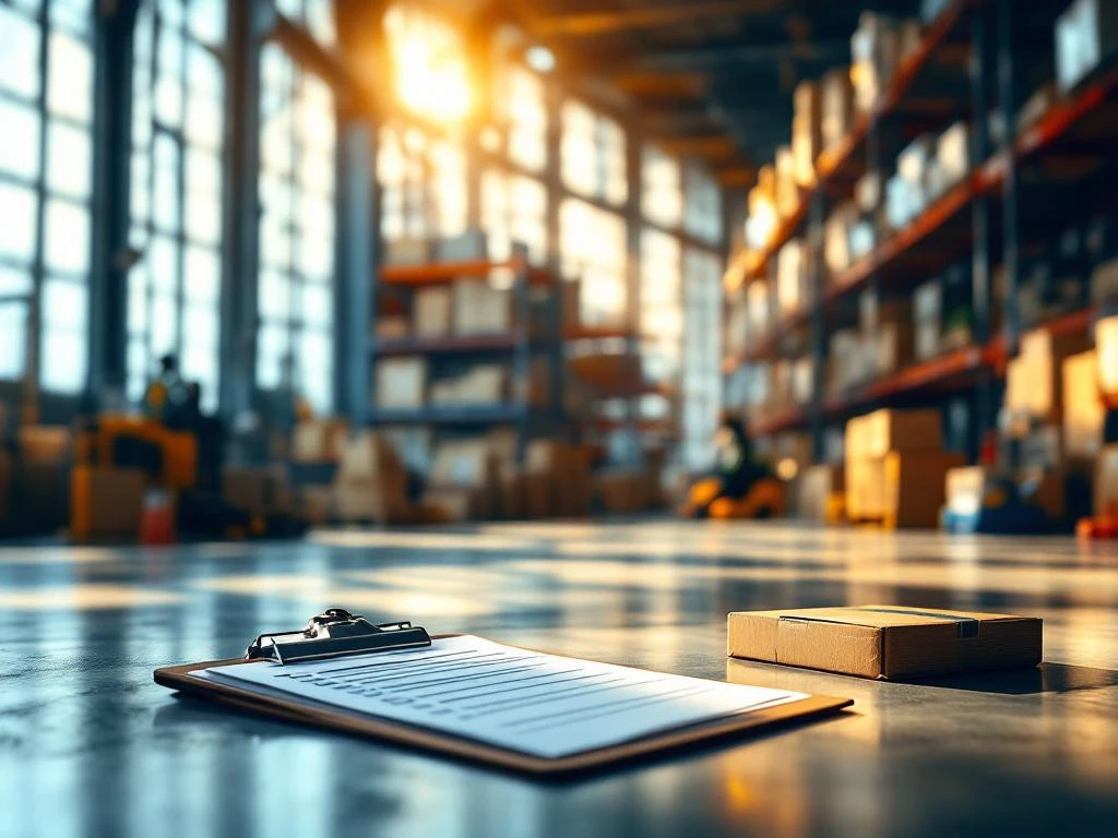 Klembord met checklist op metalen oppervlak in modern magazijn met natuurlijk licht en georganiseerde voorraadrekken