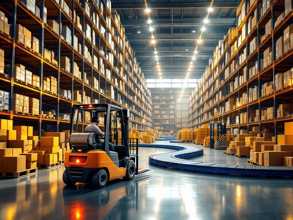 Moderne magazijnruimte met hoge stellingen vol pakketten, vorkheftruck op voorgrond en transportbanden, warme industriële verlichting