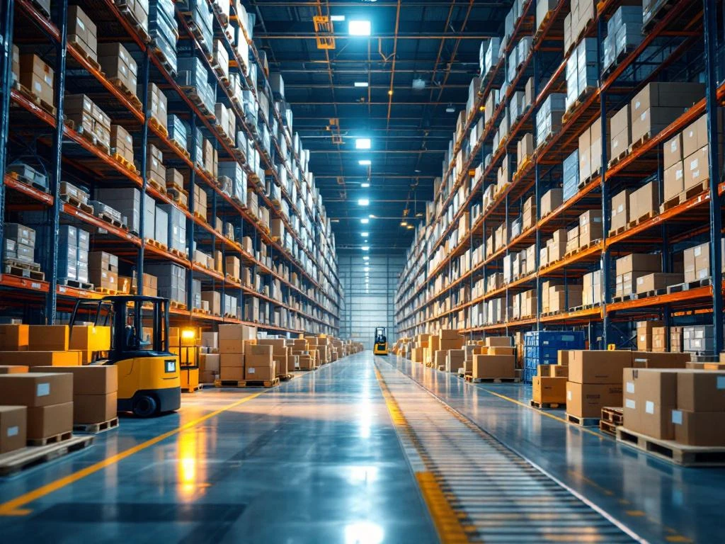 Moderne distributiecentrum met hoge stellingen vol pakketten, transportbanden, vorkheftrucks en veiligheidsuitrusting