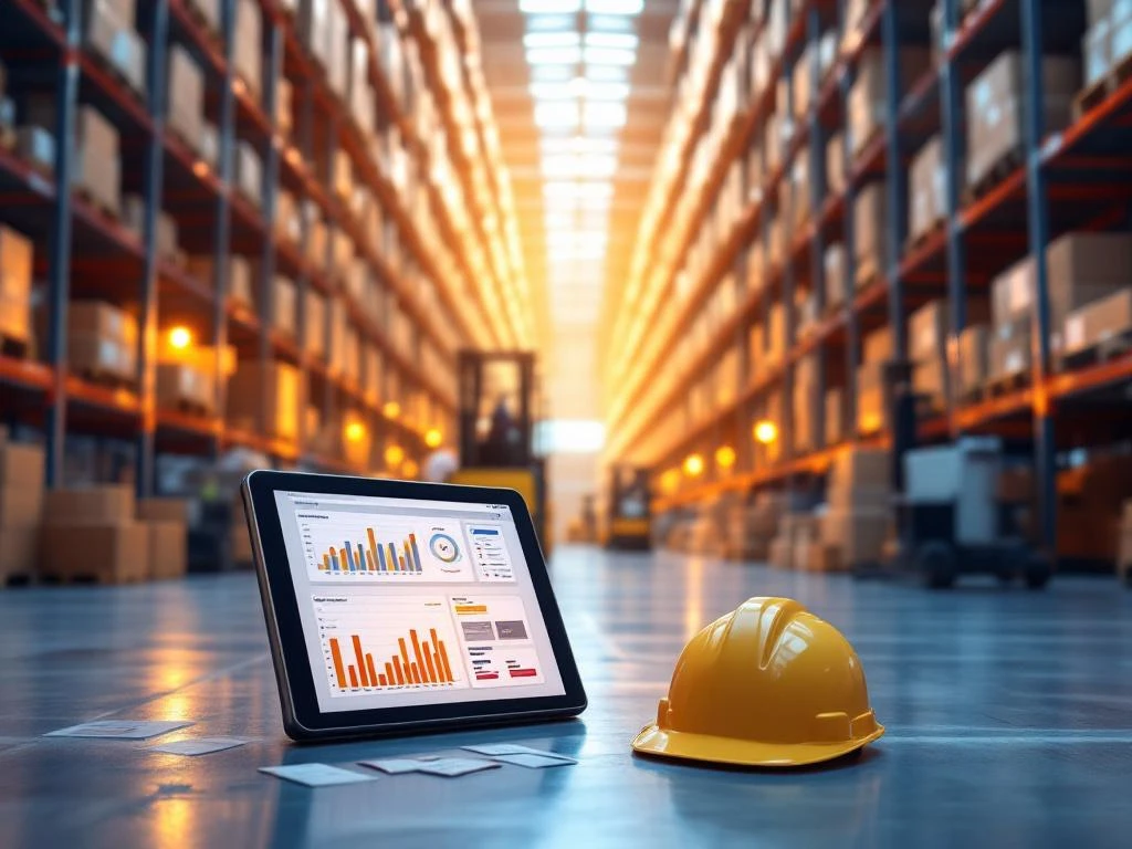 Magazijn interieur met hoge stellingen en dozen, tablet toont logistieke data, vorkheftrucks op achtergrond