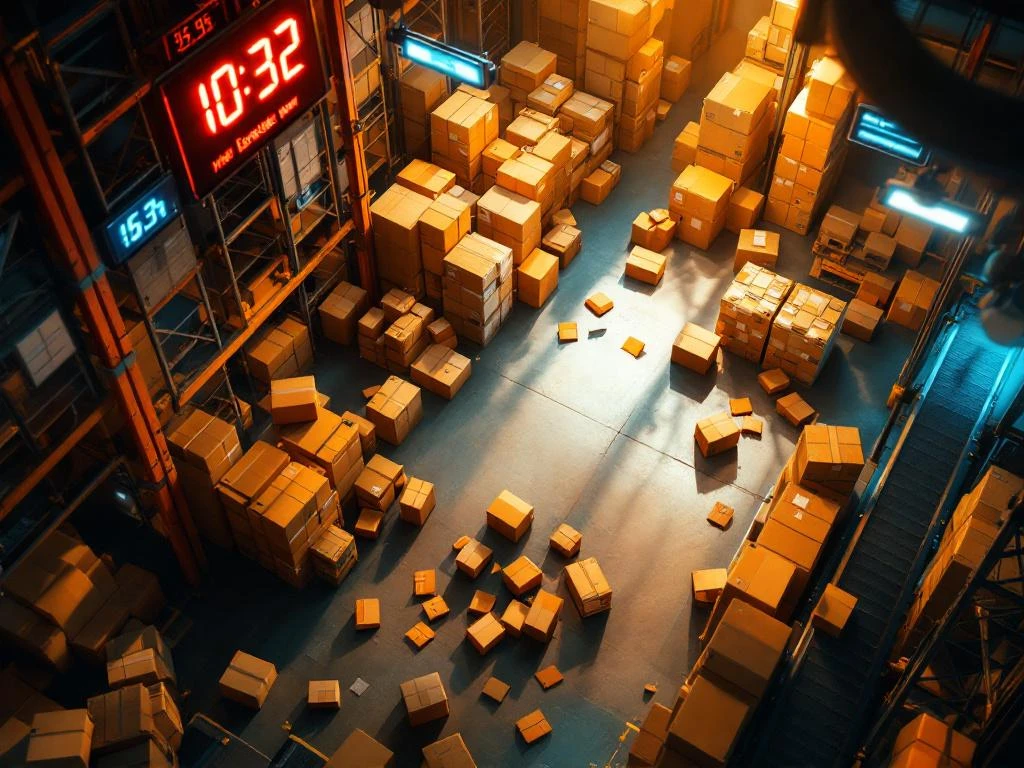 Drukke magazijnvloer met opgestapelde dozen, transportbanden vol pakketten en rode waarschuwingen op tablet