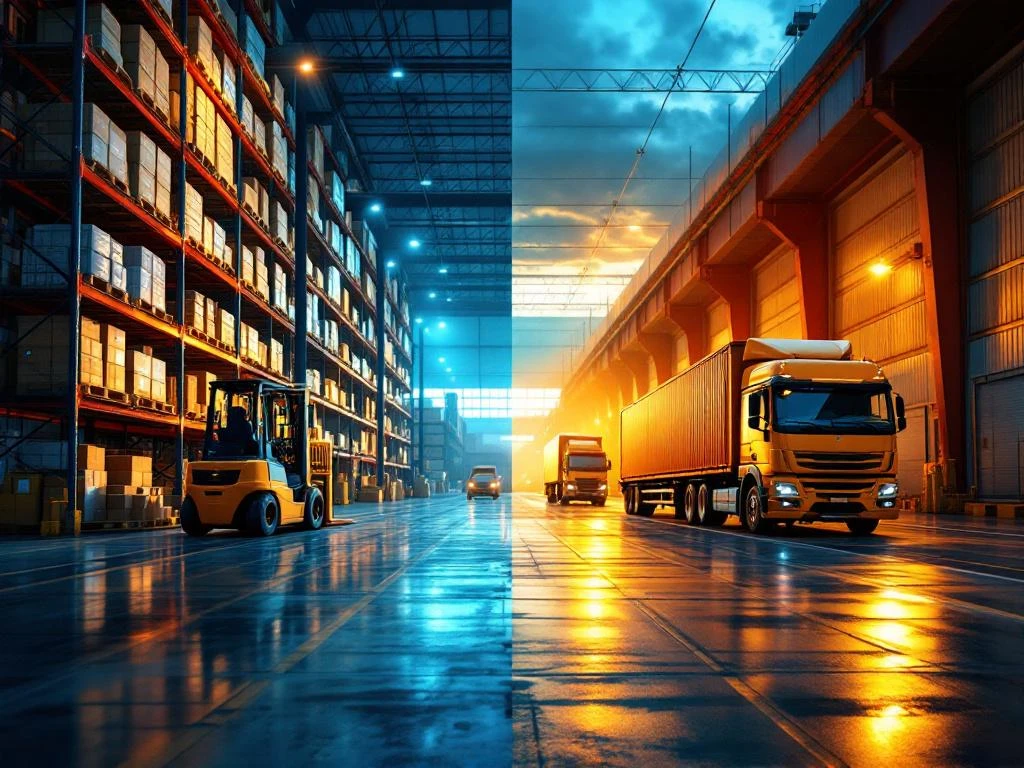 Magazijn met stellingen en heftrucks tegenover laadperron met vrachtwagens in gouden avondlicht, gescheiden door diagonale lijn