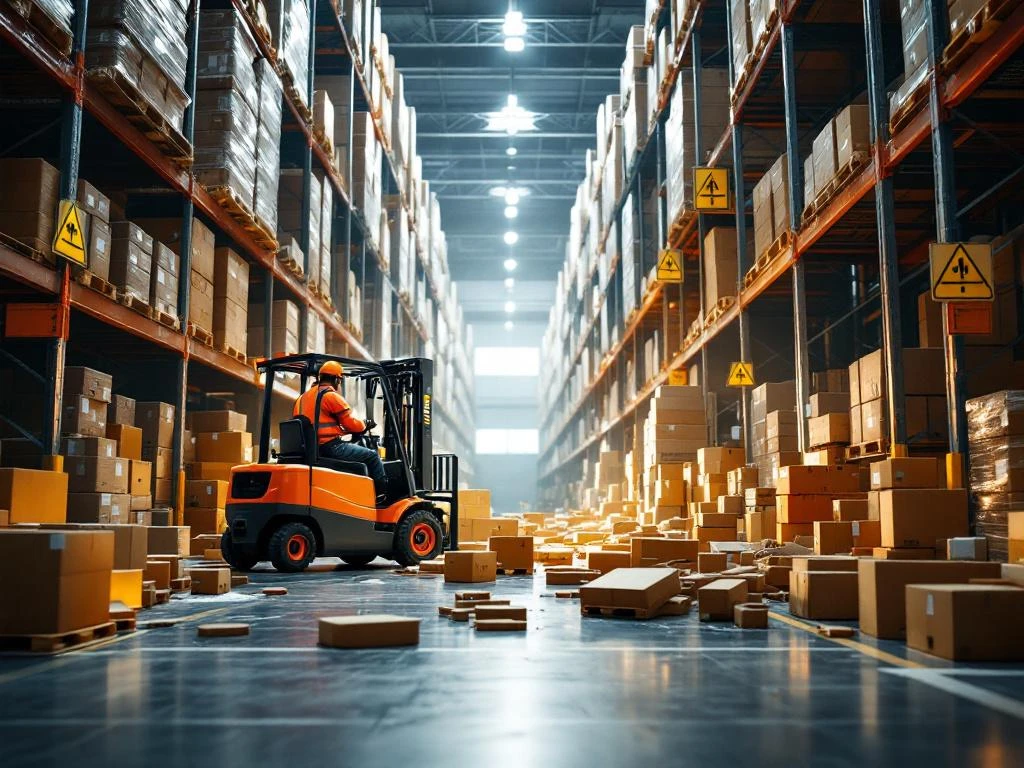 Magazijnmedewerker in veiligheidsvest navigeert voorzichtig rond gemorste materialen en dozen in industrieel magazijn