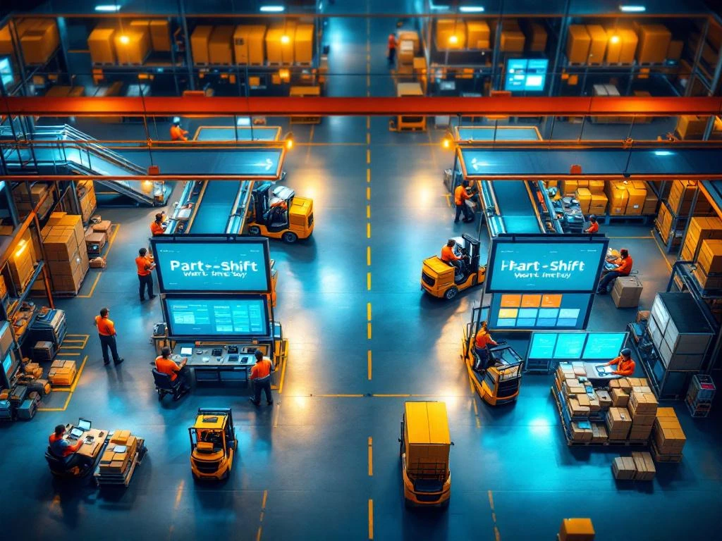 Luchtfoto van moderne logistieke magazijn met flexibele werkzones, transportbanden, werkstations en digitale planningsborden