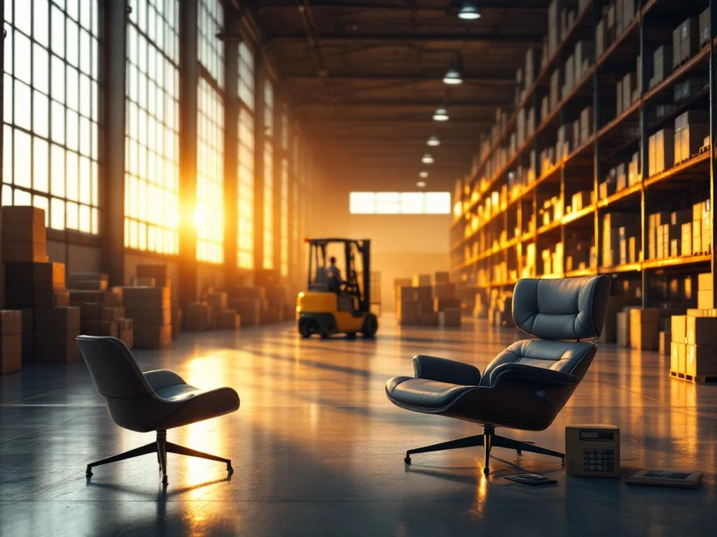 Pensioenplanningsdocumenten en rekenmachine op bureau in moderne logistieke magazijn met hoge stellingen