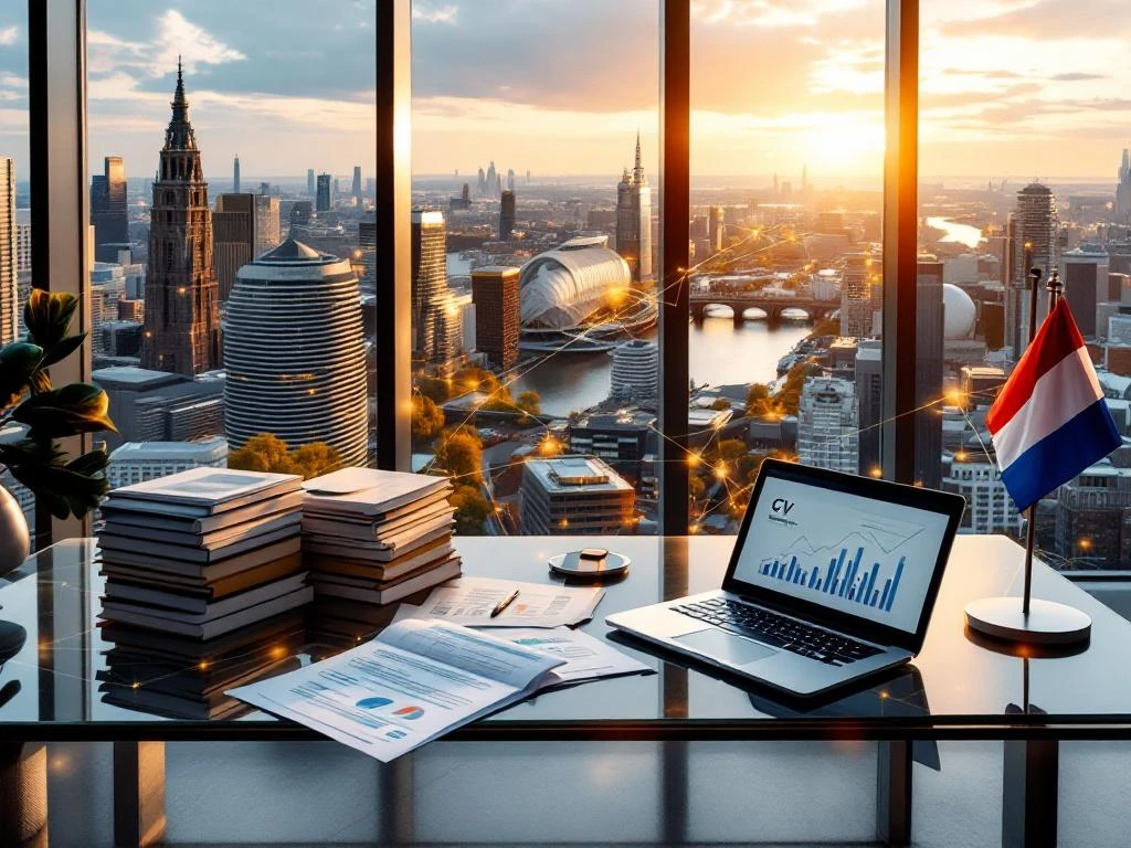 Luchtfoto Amsterdam zakendistrict met CVs en arbeidscontracten op vergadertafel, Nederlandse vlag en grachten op achtergrond