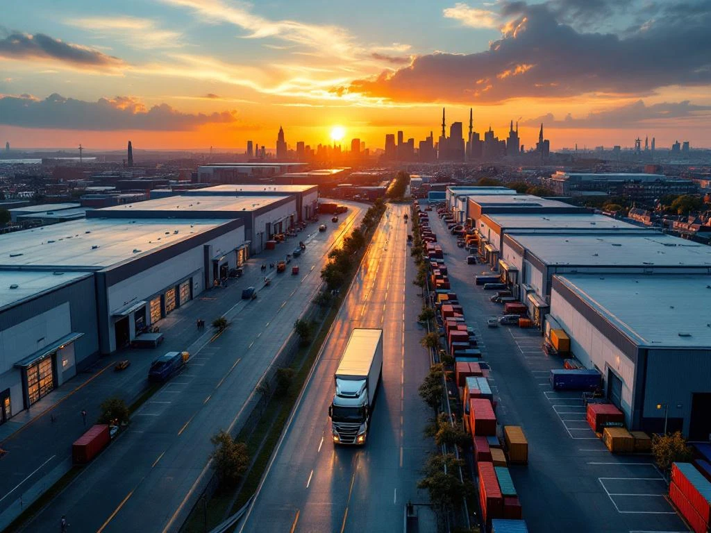 Luchtfoto van Amsterdam logistiek district met witte vrachtwagen, warehouses en kanaalhuizen skyline bij zonsondergang