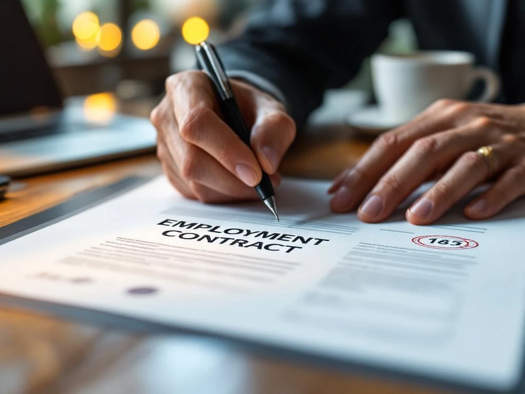 Handen ondertekenen arbeidscontract op houten bureau met pen, laptop en koffiekop in professionele kantooromgeving