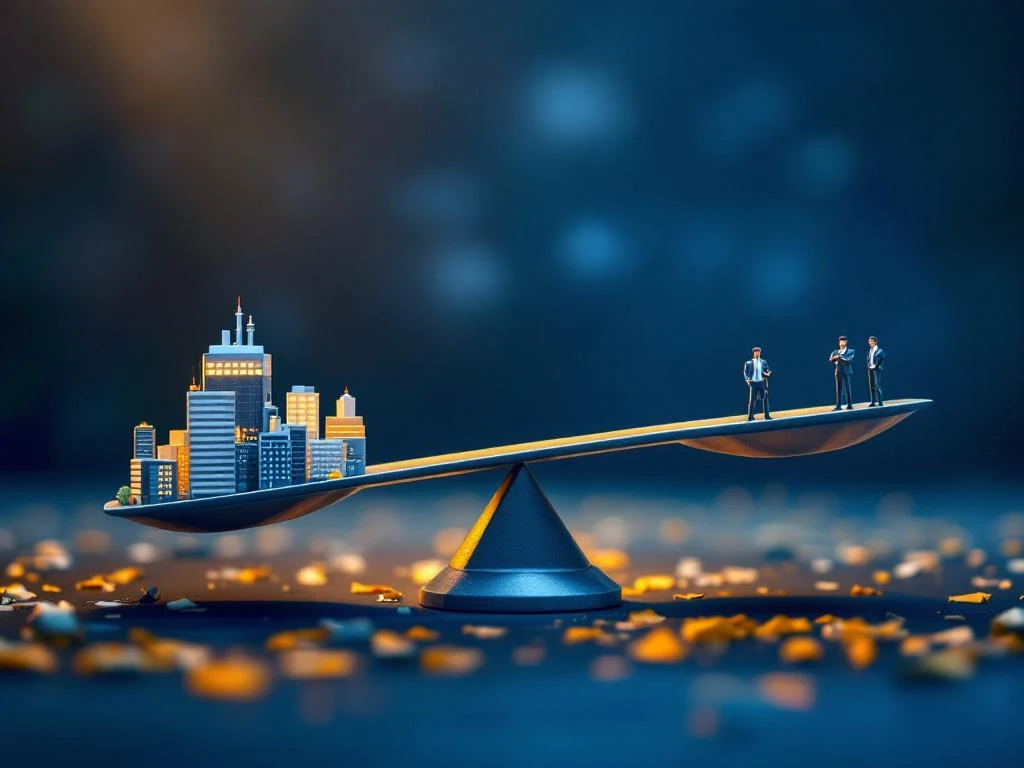 Grote weegschaal met kantoorgebouwen en fabrieken aan ene kant, kleine groep werknemers aan andere kant, toont arbeidsmarkt onbalans