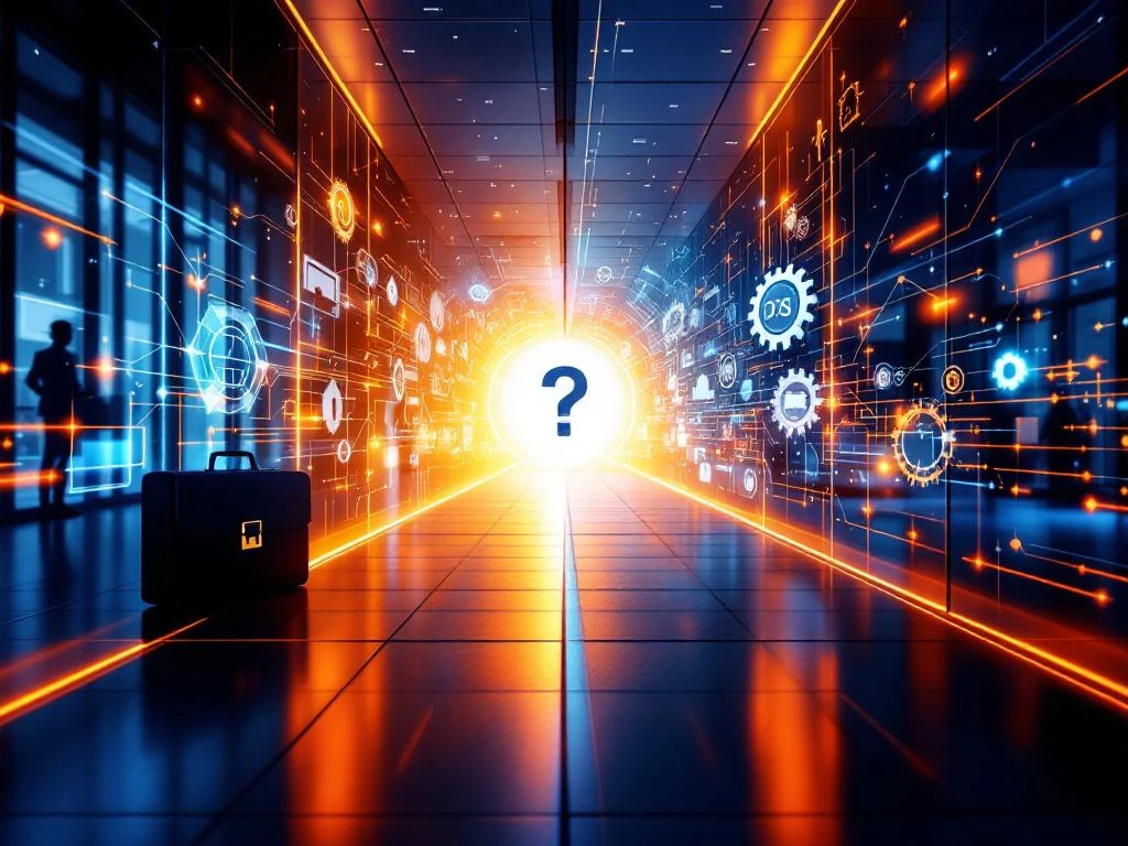 Gesplitste weergave van twee carrièrepaden: moderne kantooromgeving links, personeelsbureau-elementen rechts, gescheiden door vraagteken