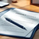 Open contractmap met blanco pagina's, pen en smartphone met vacature-app op modern houten bureau in kantooromgeving