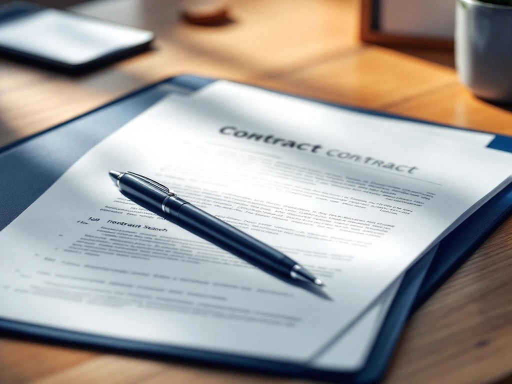 Open contractmap met blanco pagina's, pen en smartphone met vacature-app op modern houten bureau in kantooromgeving