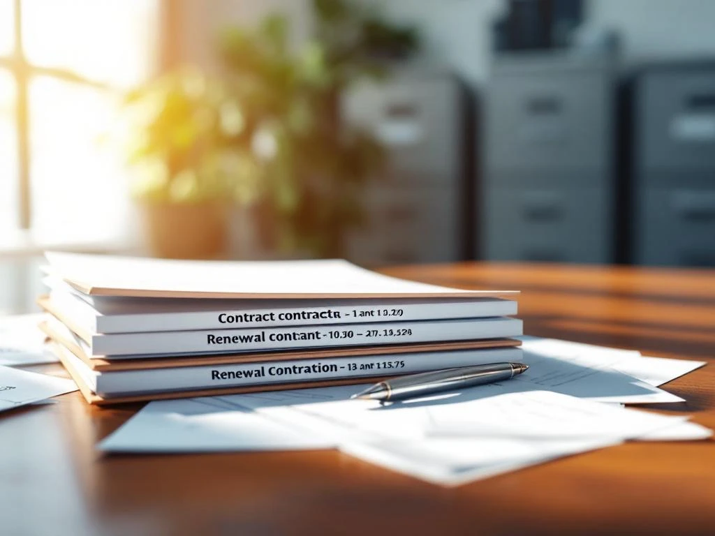 Stapel contractdocumenten met verschillende verlengingsperiodes op houten bureau met zilveren pen in modern kantoor