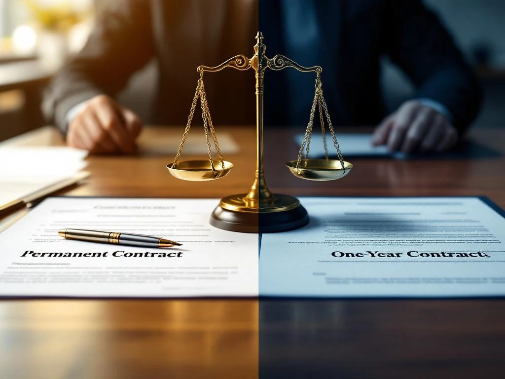 Twee contractdocumenten op houten bureau met weegschaal ertussen, permanent contract links, eenjarig contract rechts