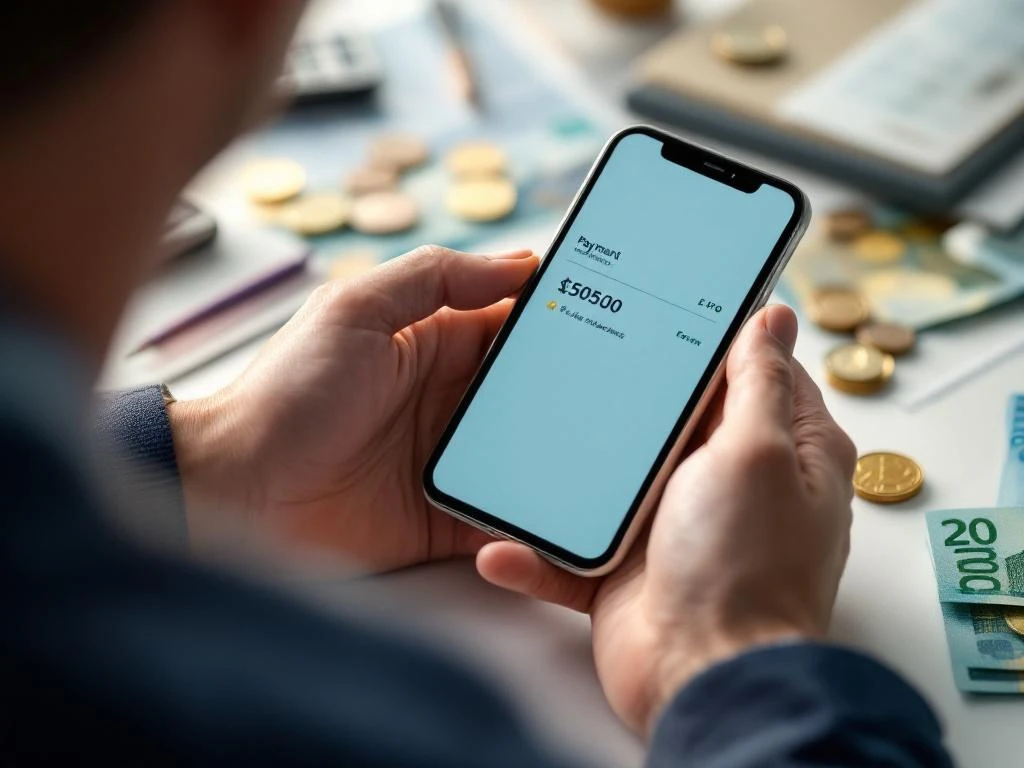 Handen met smartphone met digitale bankapp omringd door eurobiljetten en munten op wit bureau met rekenmachine