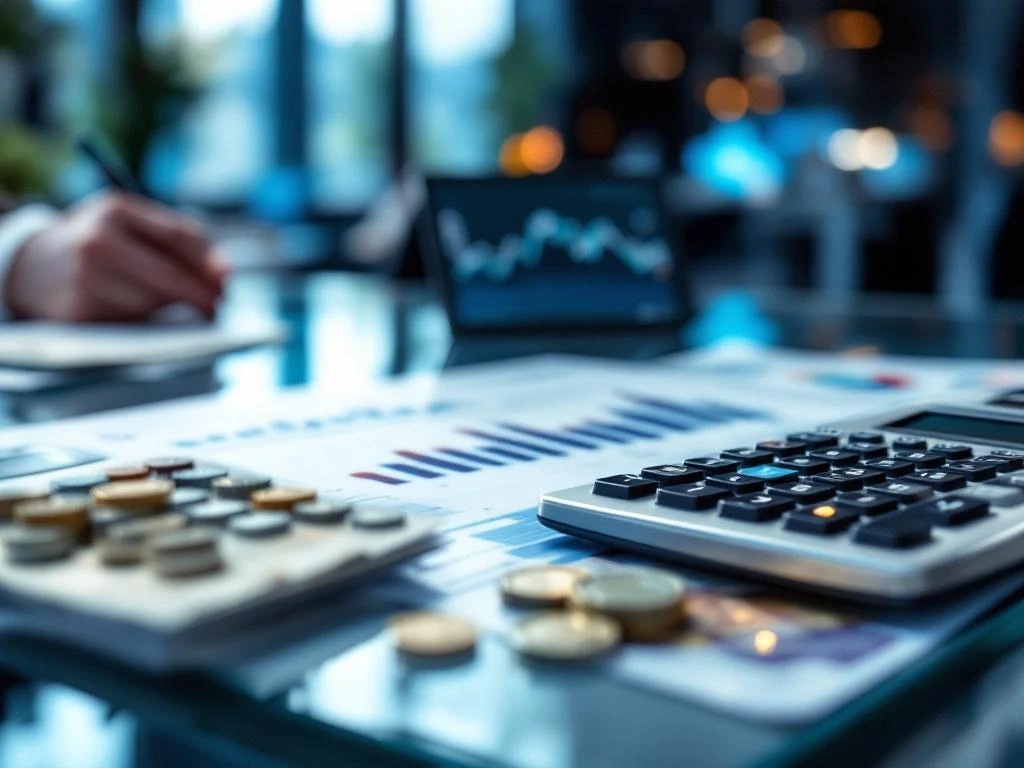 Financiële grafieken en winstmarges op glazen bureau met eurobiljetten en calculator in modern kantoor