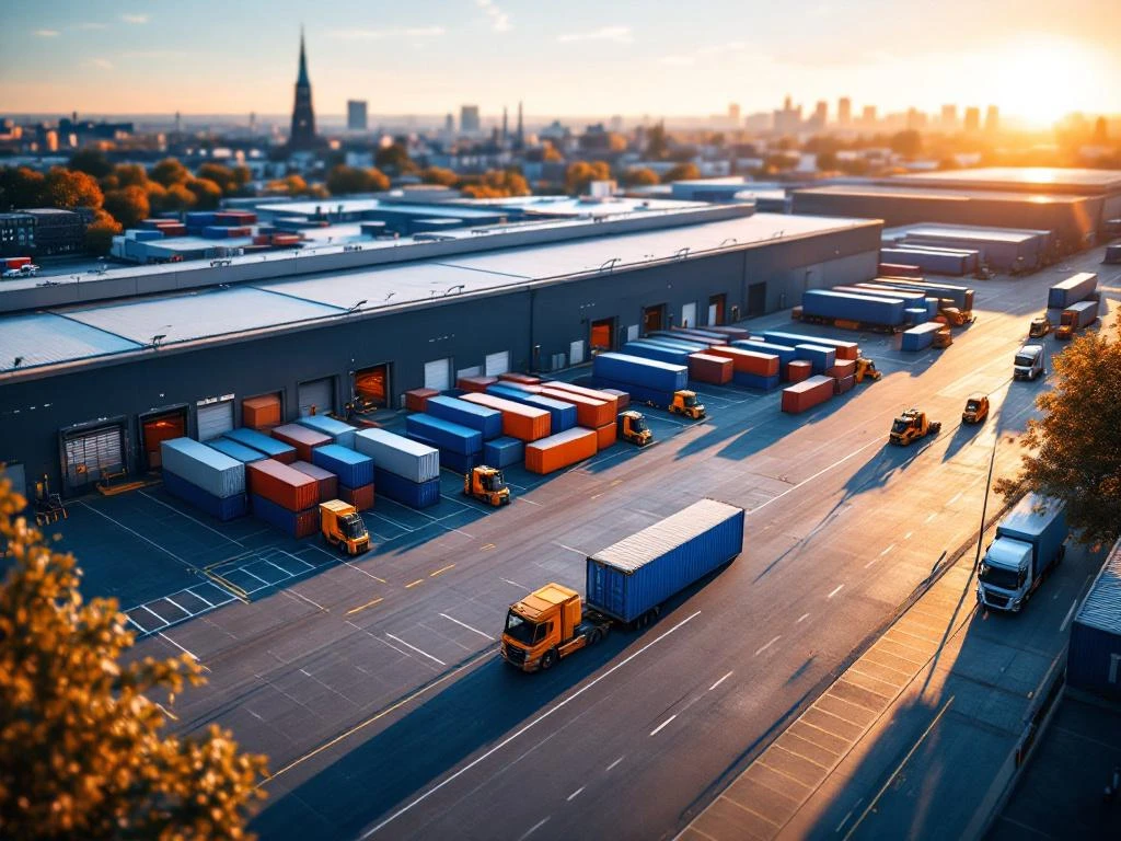 Moderne logistieke faciliteit in Amsterdam met blauwe en oranje containers, vrachtwagens en heftrucks tijdens gouden uur