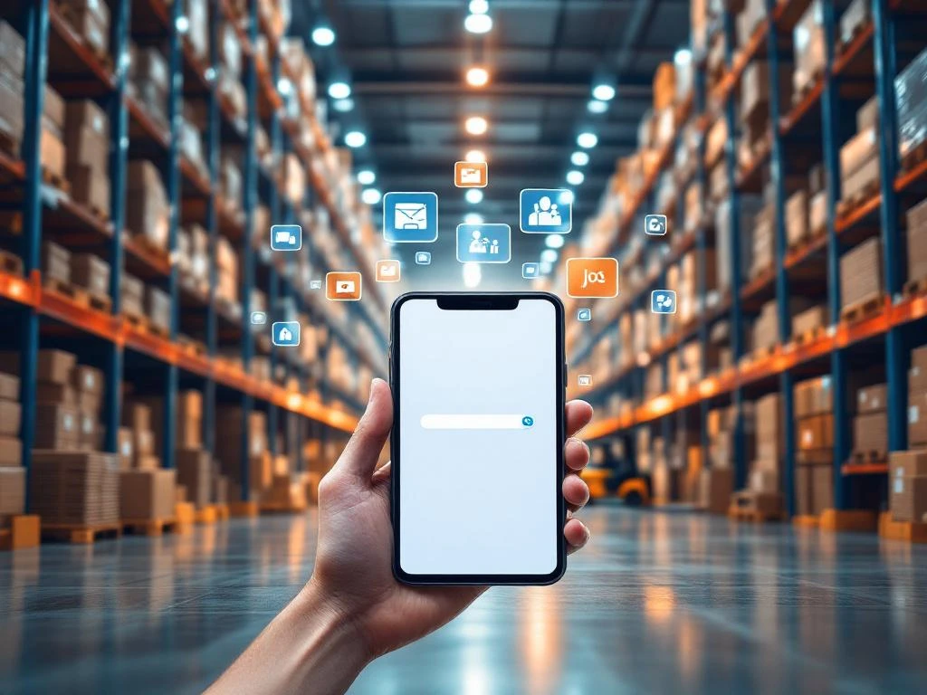 Tablet toont logistieke vacatures in modern magazijn met stellingen vol pakketten en vorkheftruck op achtergrond