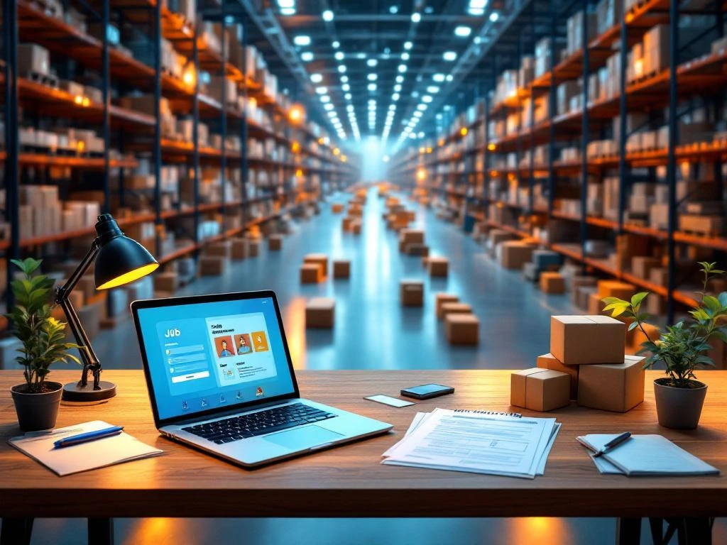 Moderne logistiek magazijn met laptop die sollicitatie-interfaces toont op bureau, omringd door documenten en stellingen