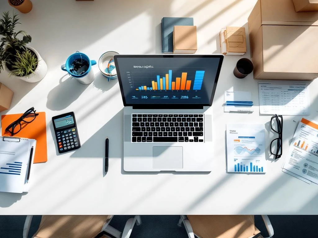 Bovenaanzicht van georganiseerd kantoorbureau met laptop, logistieke documenten, calculator en tablet voor bedrijfsadministratie