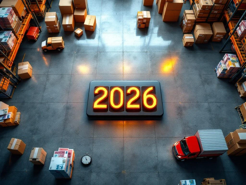 Rekenmachine toont "2026" omringd door eurobiljetten, stopwatch en logistieke symbolen op moderne magazijnvloer
