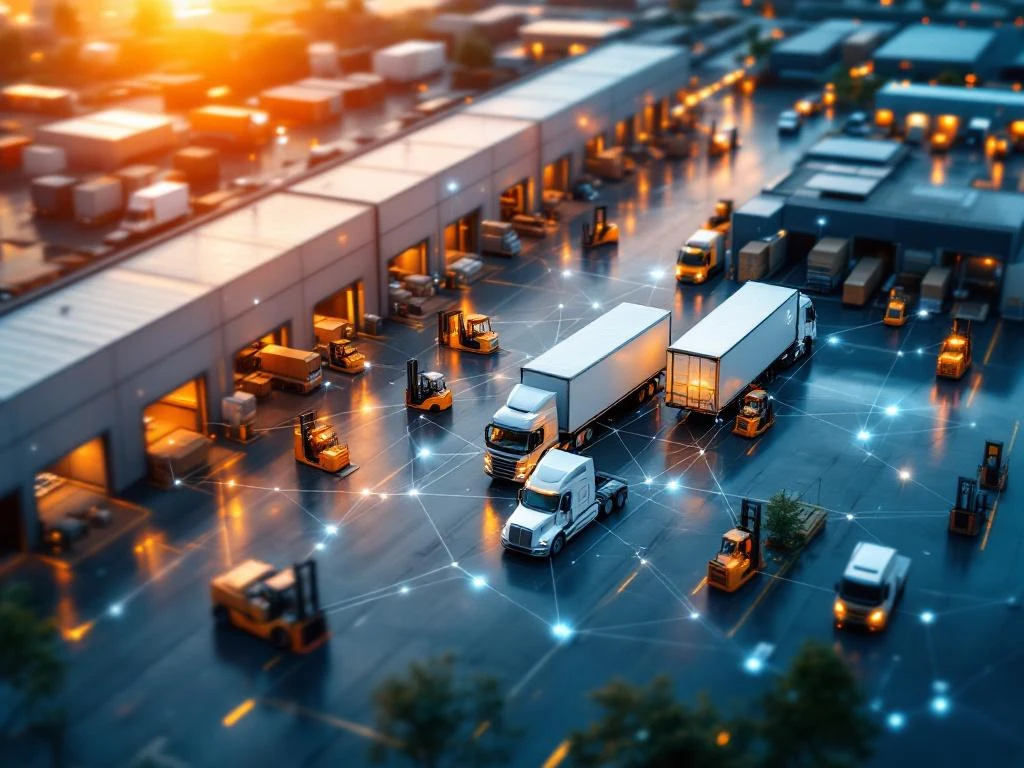 Luchtfoto van moderne logistieke magazijncomplexen met vrachtwagens en heftrucks, digitale tablet toont netwerkverbindingen