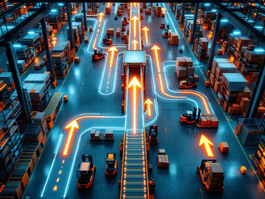 Moderne logistieke magazijn met zeven verlichte paden, transportbanden, vorkheftrucks en centraal verhoogd platform